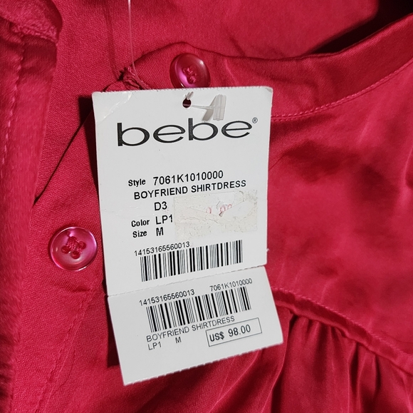 NWT Bebe Hot Pink Shirt Dress Medium Roll Tab 1/2 Button Front Lightweight - Picture 8 of 11